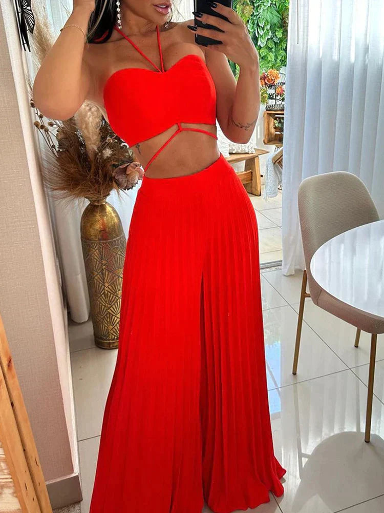 Laarnie - Seductive red crop top and pleated wide-leg pants