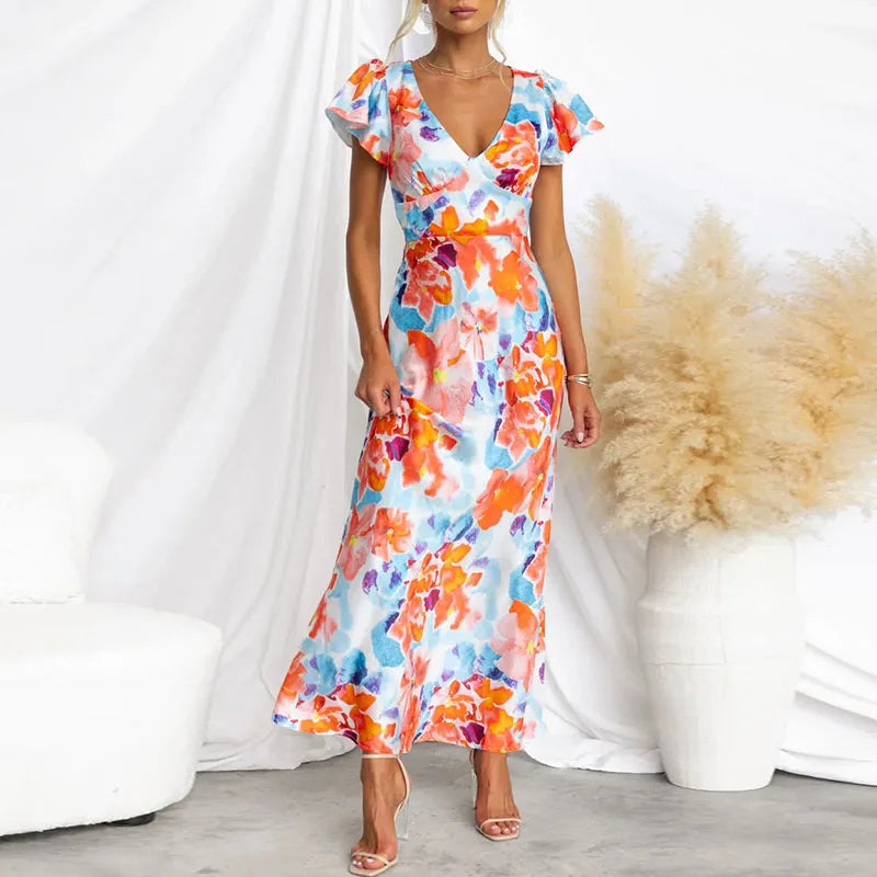 Adelaide - Elegant party dress with V-neckline and floral print