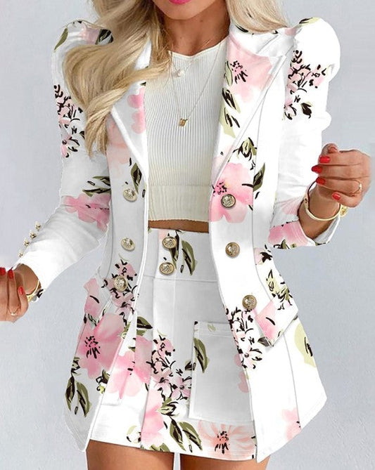 Abigail - double-breasted blazer with floral print and puff sleeves