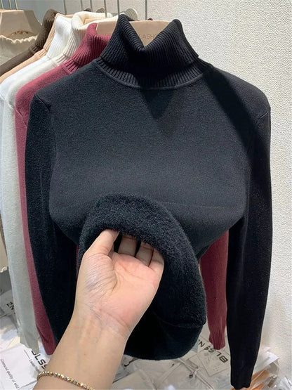 Velvet-lined turtleneck sweater for women