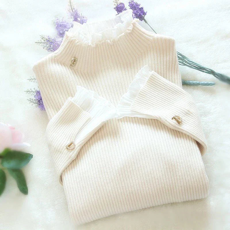 Women's knitted sweater with lettuce neckline