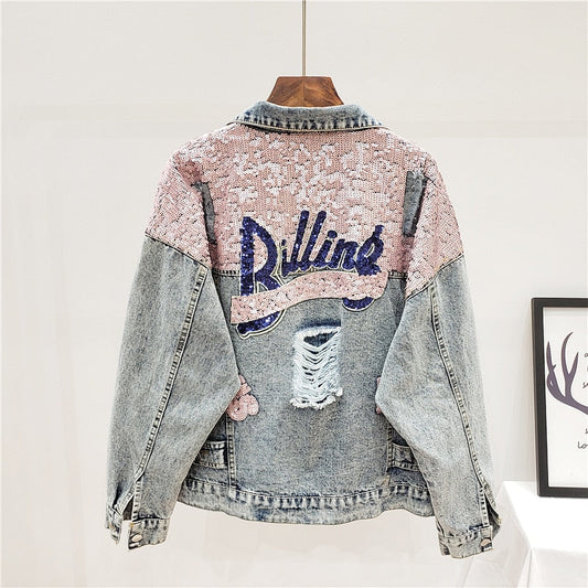 Oversized denim jacket with glitter