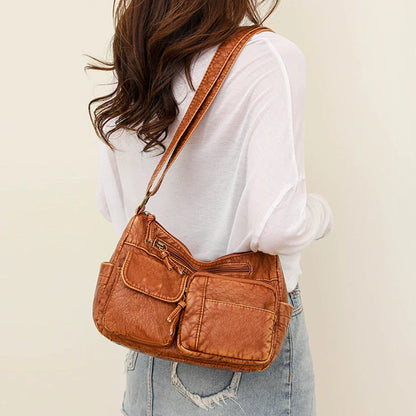 Selma™ | Vintage leather shoulder bag with multiple pockets