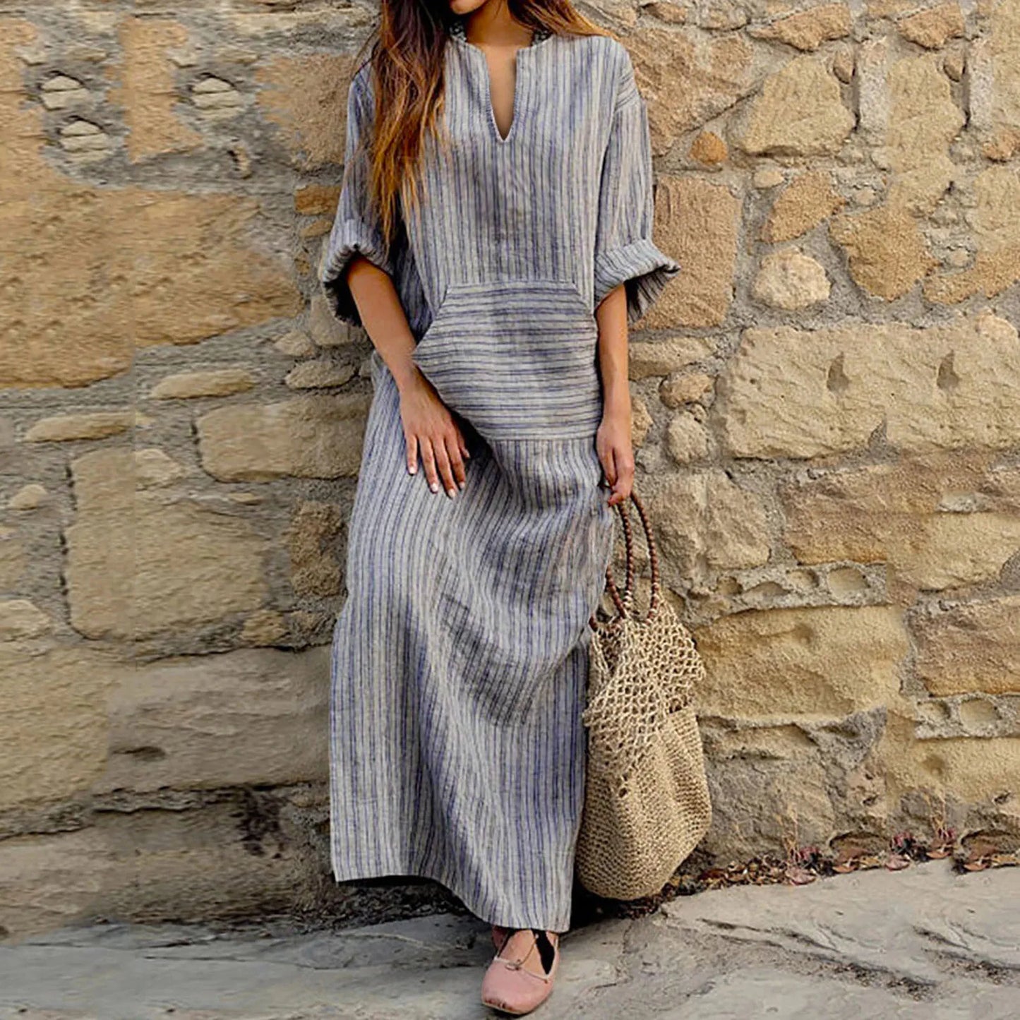 Stella - Striped dress in cotton and linen