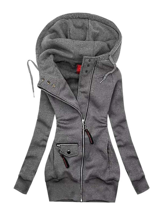 Women Fashion Smart Jacket With Hood | Long Sleeve Drawstring Jacket Zipper Outerwear