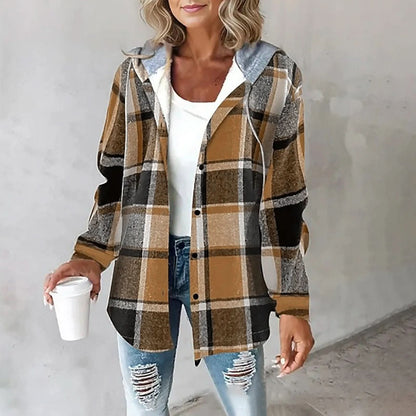 Cozy plaid overshirt with hood for women