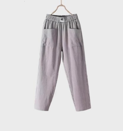 Aurélie - Comfortable straight-cut linen pants with pockets and ruffled waistband