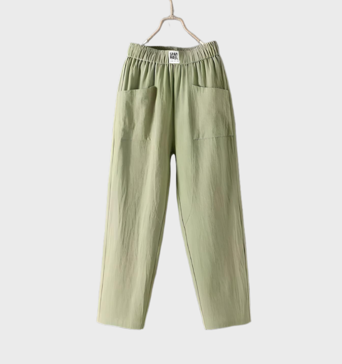 Aurélie - Comfortable straight-cut linen pants with pockets and ruffled waistband