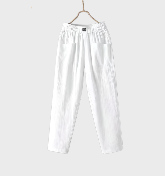 Aurélie - Comfortable straight-cut linen pants with pockets and ruffled waistband