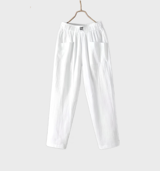 Aurélie - Comfortable straight-cut linen pants with pockets and ruffled waistband