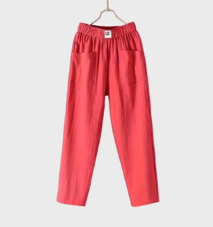 Aurélie - Comfortable straight-cut linen pants with pockets and ruffled waistband