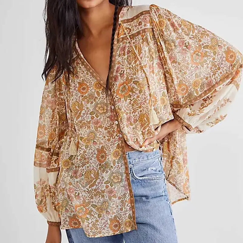 INAYA | Bohemian V-neck blouse with floral print