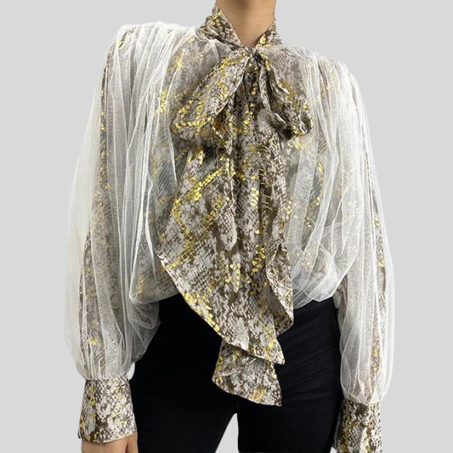 Virginia Blouse | Snake Print Mesh Blouse with Ruffles