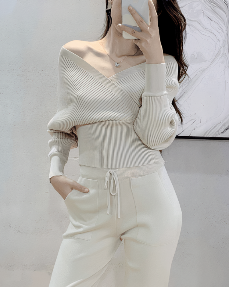 Sexy off-the-shoulder knitted top and pants set - Willow