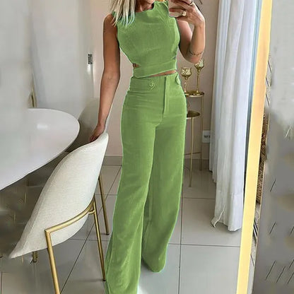 Hyacinth - Chic Cropped Top High Waist Long Pants Suits