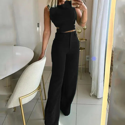 Hyacinth - Chic Cropped Top High Waist Long Pants Suits