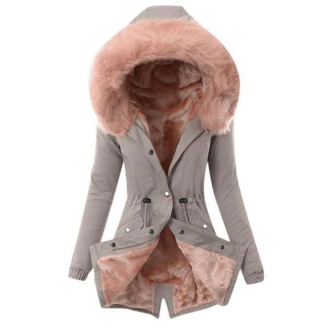 Warm thick rain jacket with faux fur hood and adjustable waistband for women | Ideal for fall/winter