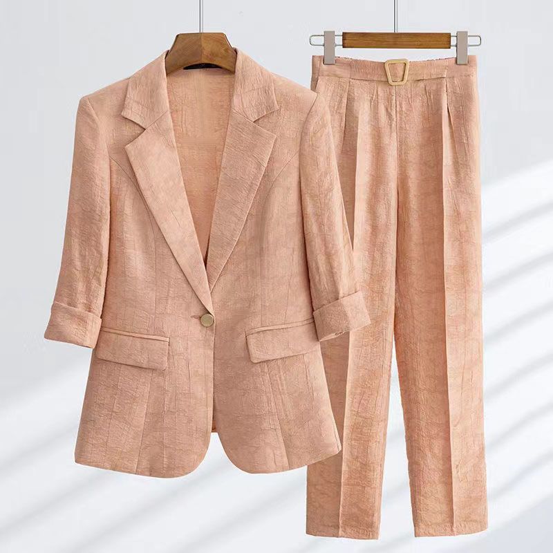 Iris - Autumn Women's Linen 2-Piece Blazer Set with Belt