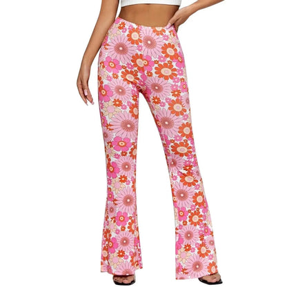 Flared Pants - Floral Print - Elastic Waist