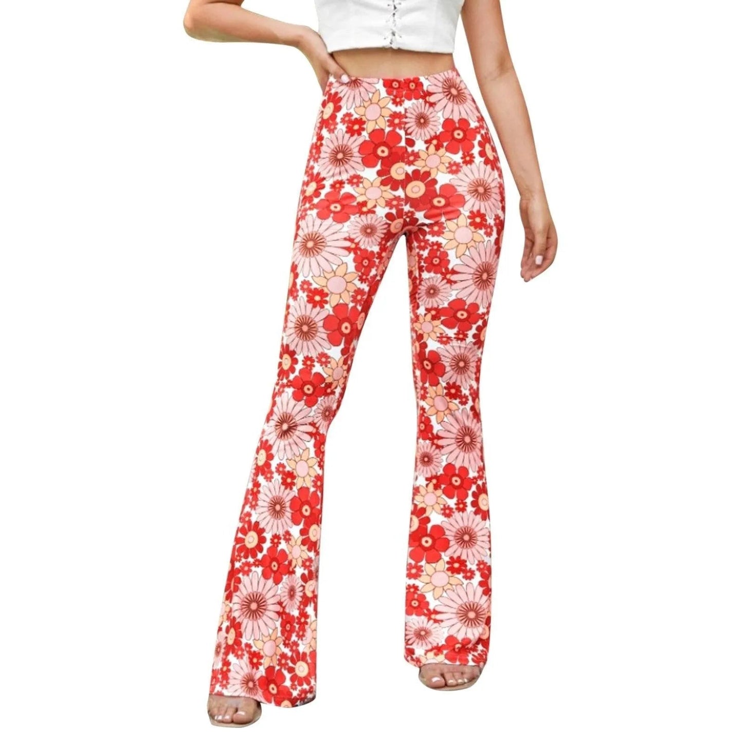 Flared Pants - Floral Print - Elastic Waist