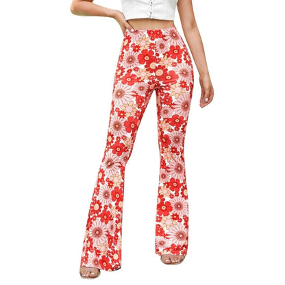 Flared Pants - Floral Print - Elastic Waist