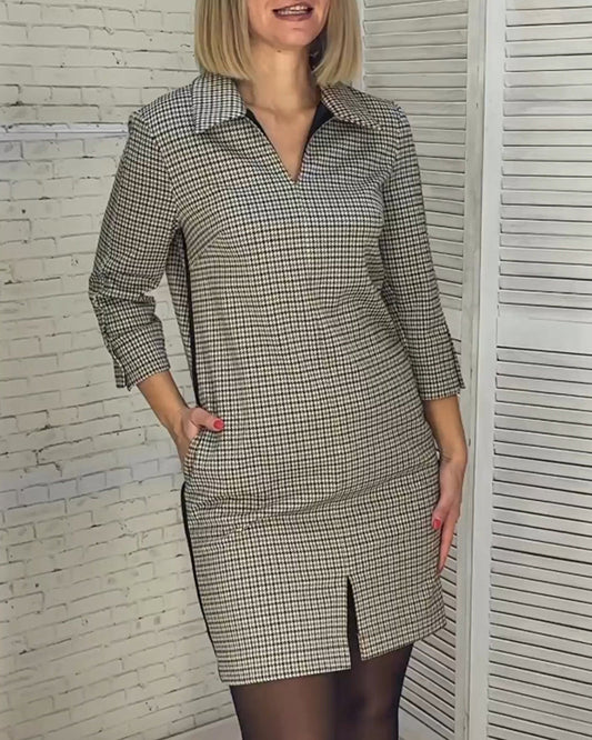 A-line Dress - Simple - Printed Cotton Blend with V-Neck and Split - Perfect for Fall and Winter