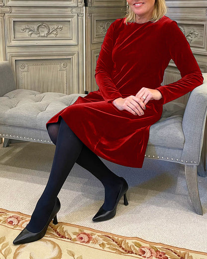 A-line Dress - Simple - Velvet, Knee Length, Long Sleeve - Perfect for Fall and Winter