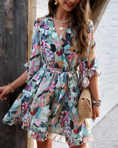 A-line Dress - Elegant - Chiffon with Floral Pattern - Perfect for Spring and Summer