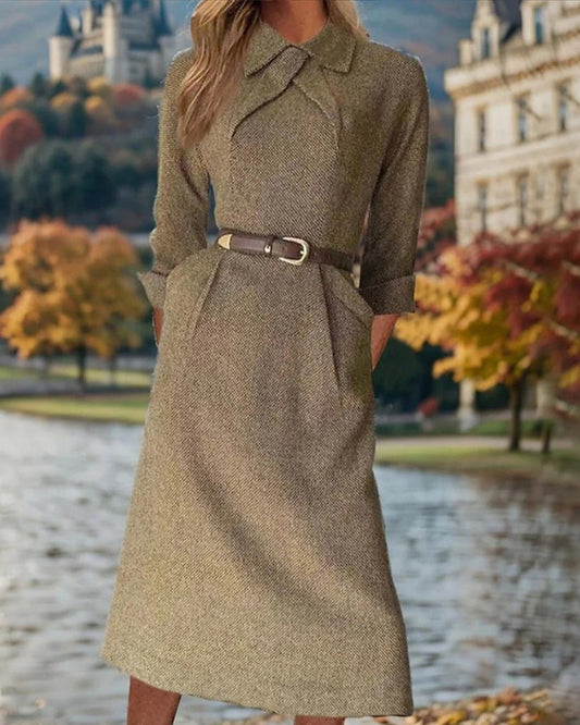 A-line Dress - Elegant - Cotton Blend, Midi Length, Long Sleeves - Perfect for Spring and Fall