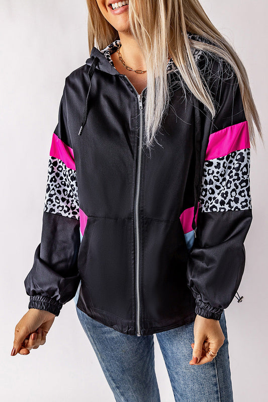 Jantine | Leopard pink and black colourblock hooded jacket