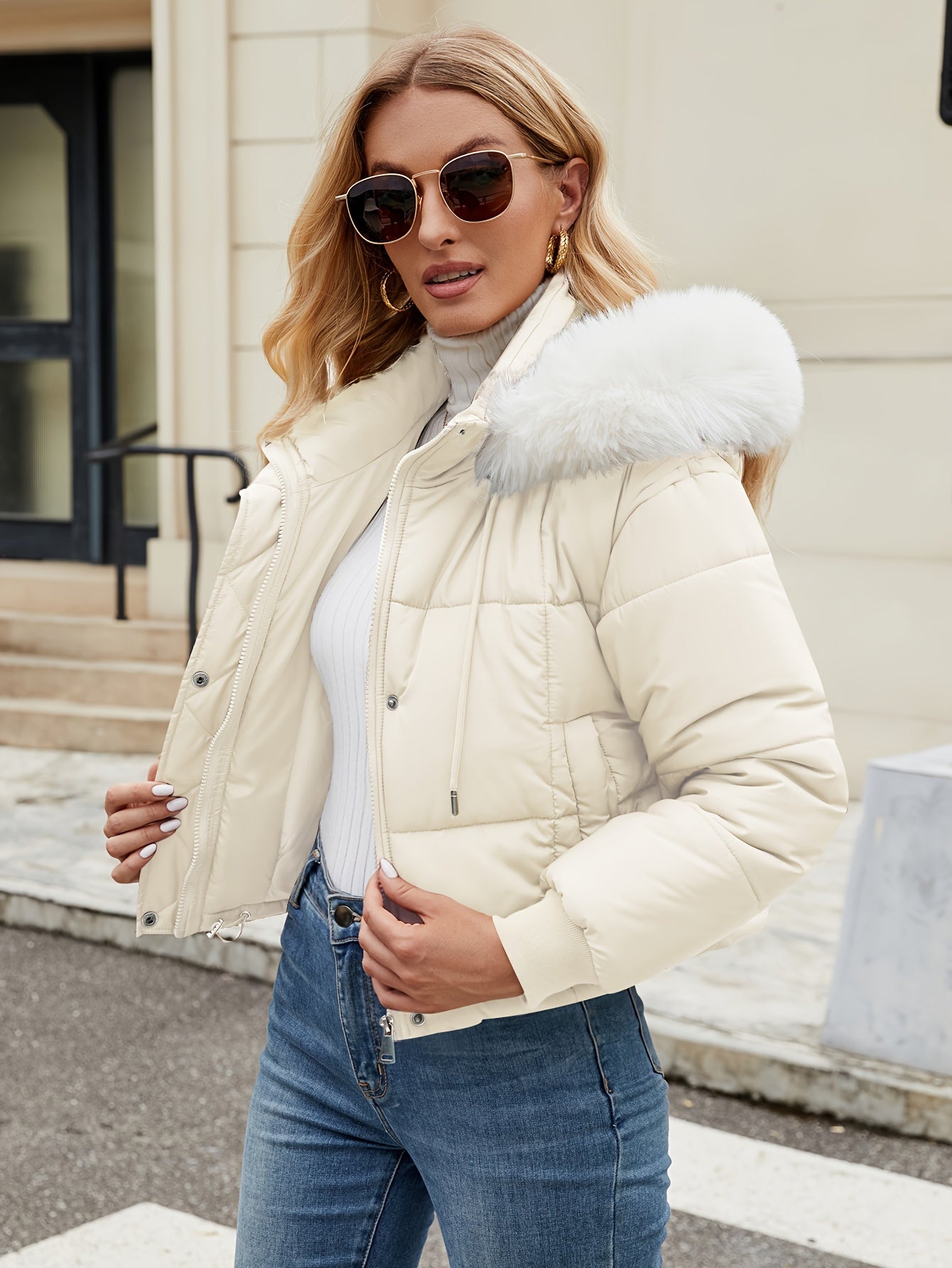 Stylish short puffer winter jacket with fur hood for women | Ideal for fall/winter