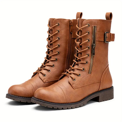 Fashionable Lace-Up Boots with Zipper on the Side