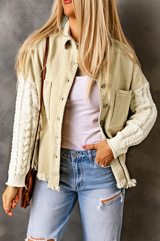 Ayana | Unique khaki denim jacket with knitted sleeves