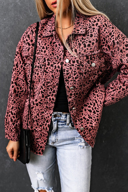 Maeve | Chic leopard print pink denim shirt jacket