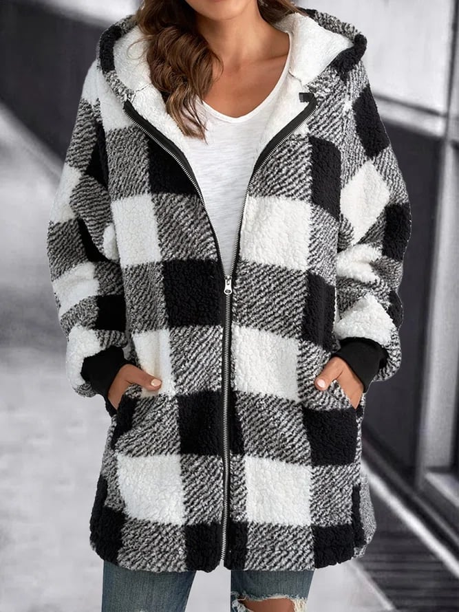 Women's Oversized Checked Hooded Jacket - Ample and Comfortable Coat