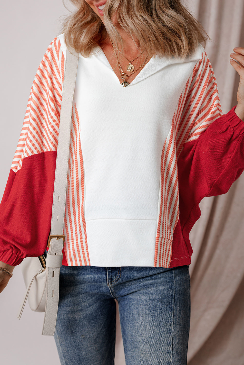 Vale - Oversized Stripes and Contrast V-Neck Sweatshirt