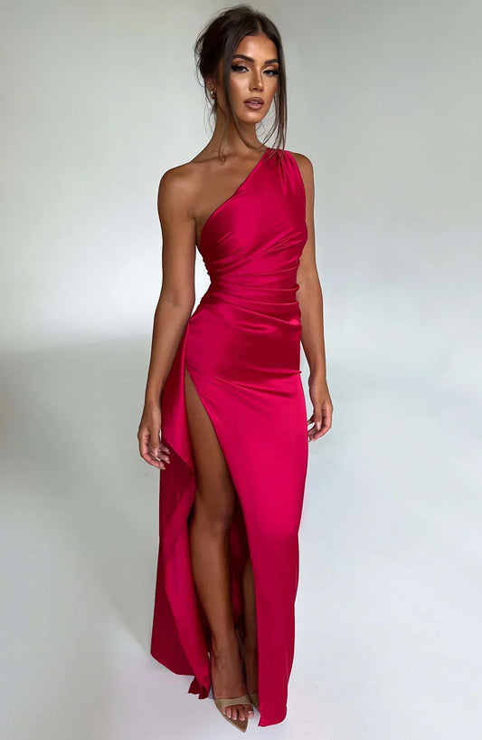 Eva | Pleated satin split dress