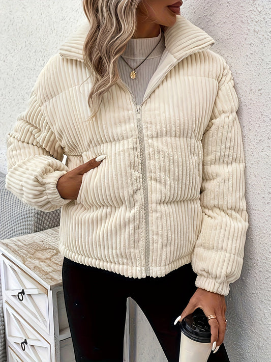 Elegant beige zipped ribbed puffer jacket with pockets for women | Ideal for fall/winter