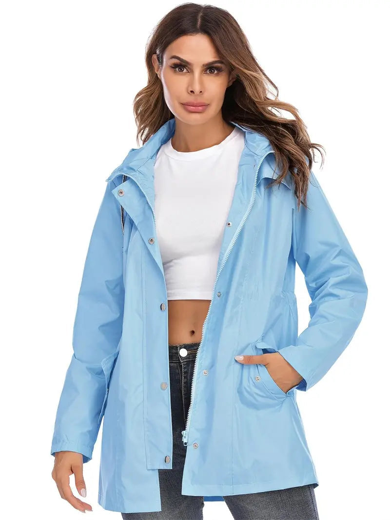 Stylish rain jacket in blue, mid-length with zipper and hood for women | Ideal for fall/winter