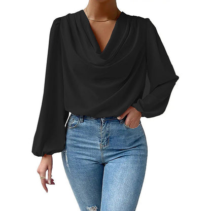 Lea - Women's Elegant Chiffon Blouse with Dove Collar and Long Sleeves