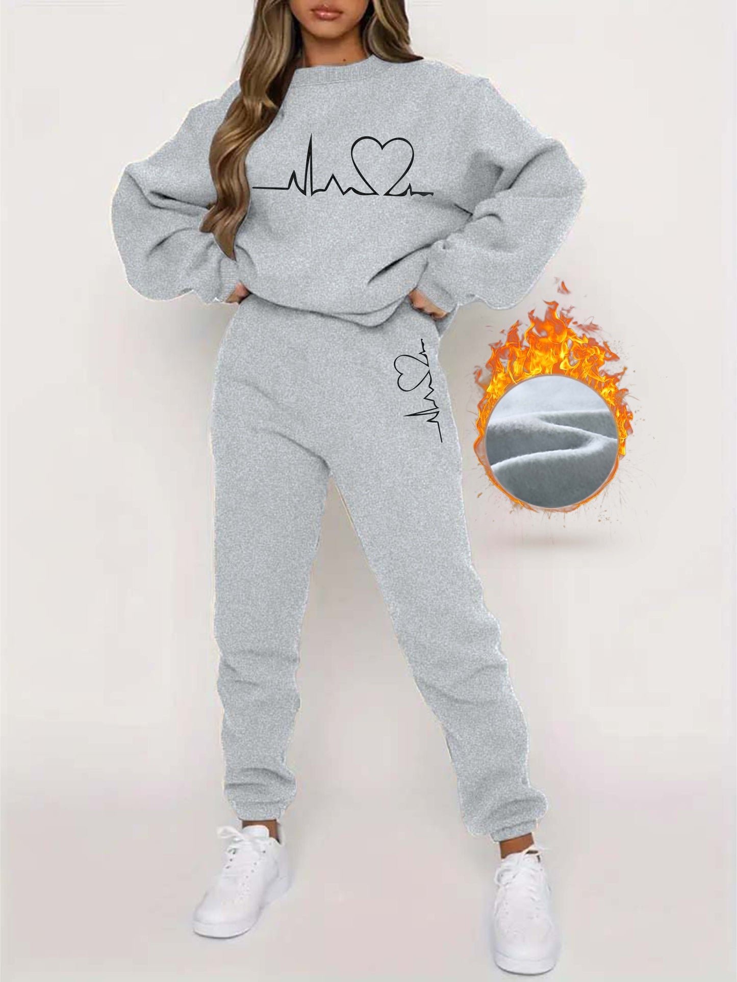 Jess | Round neck sweater with heart print &amp; jogging suit set - Ideal for fall/winter