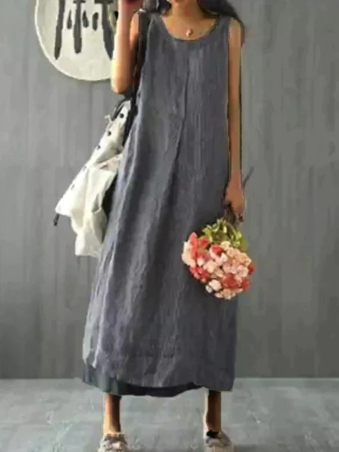 Luisiana -Loose, sleeveless cotton linen dress with a round neckline