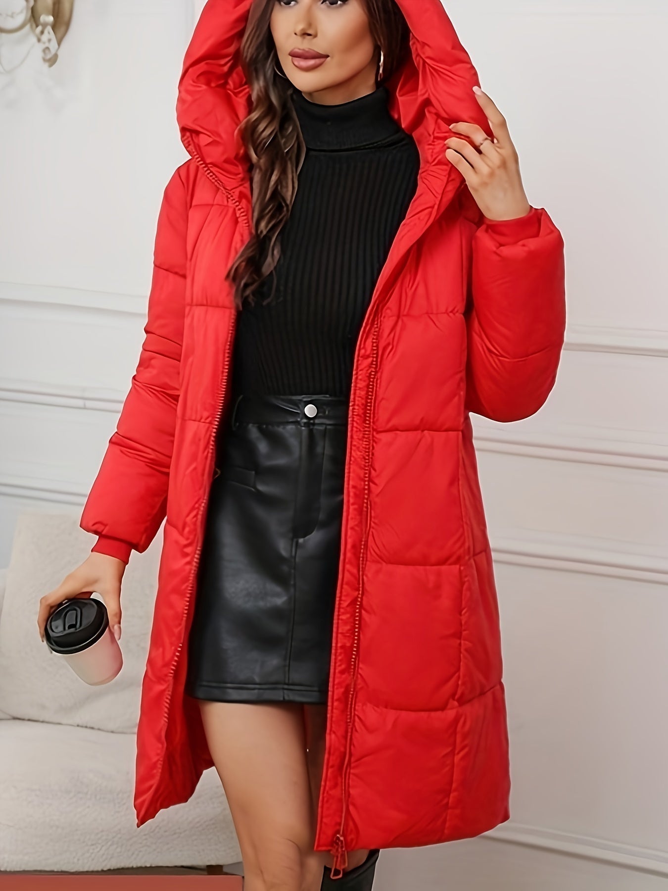 Casual warm mid-length puffer jacket with hood for women | Ideal for fall/winter