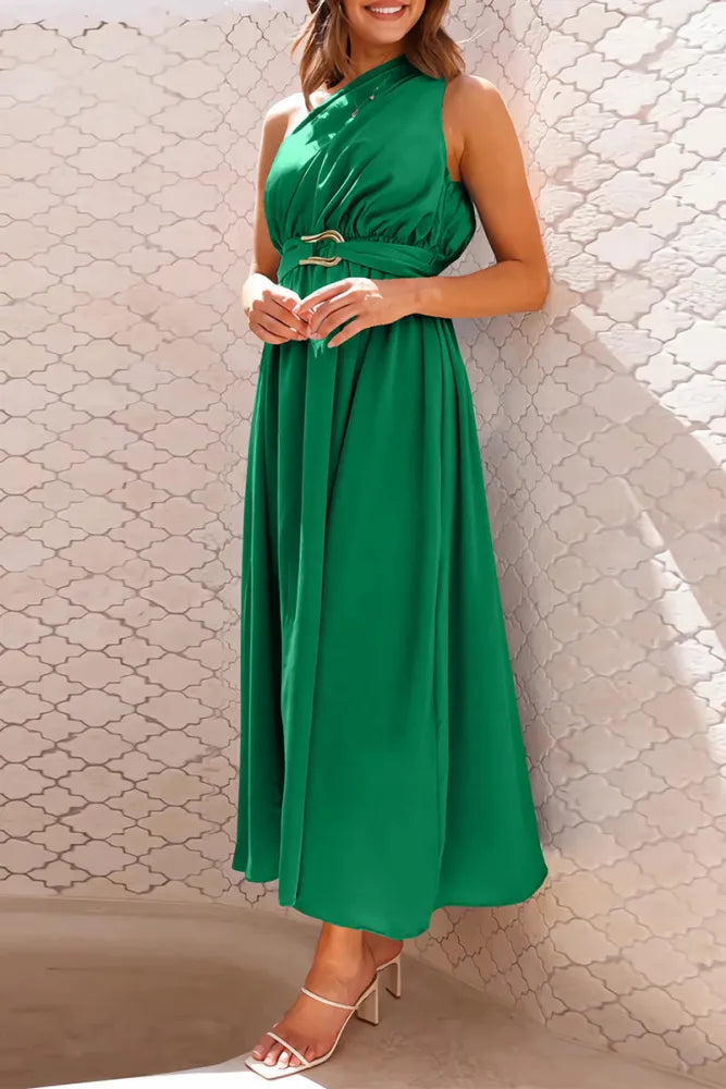 Norah - Elegant evening dresses with slanted neckline and solid metallic embellishments