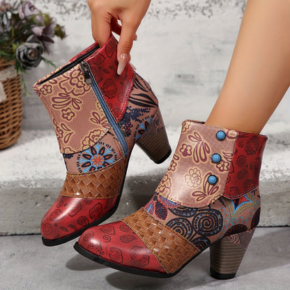 Emma | Fashionable ankle boots with chunky heel and floral pattern