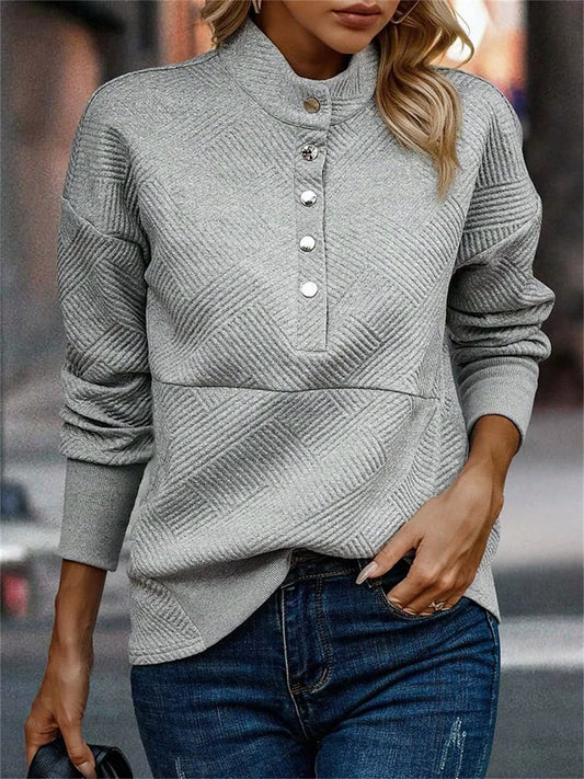 Women's long V-neck sweater - casual textured with colorful sleeves in Grey