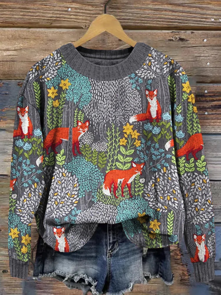 Wyrna Sweater | Vintage Forest Fox Print Knitted Sweater