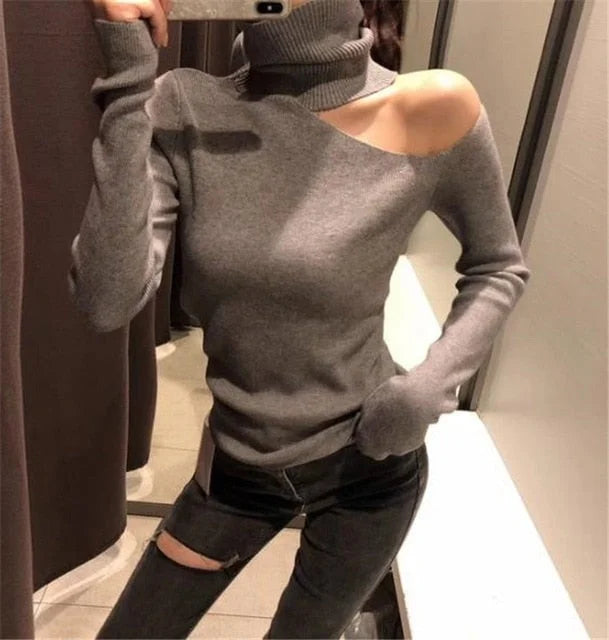 Women's Elegant Off-Shoulder Knitted Sweater - Long Sleeve Turtleneck Sweater