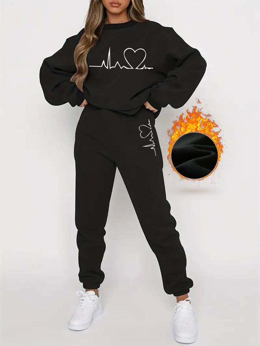 Jess | Round neck sweater with heart print &amp; jogging suit set - Ideal for fall/winter