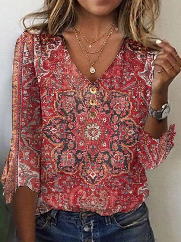 V-neck top with red print with 3/4 sleeves